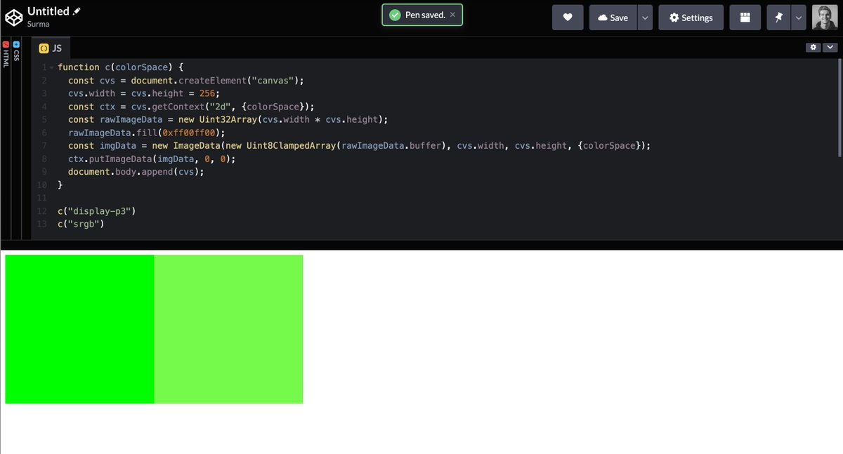 Surma on Twitter: "Ohh would you look at that, <canvas> and ImageData now support other color spaces than just sRGB. Available in stable Chrome 94. https://t.co/cmVOC2VhyE https://t.co/8vbFAB9tH9" / Twitter Surma on Twitter: "Ohh would you look at that, <canvas> and ImageData now support other color spaces than just sRGB. Available in stable Chrome 94. https://t.co/cmVOC2VhyE https://t.co/8vbFAB9tH9" / Twitter