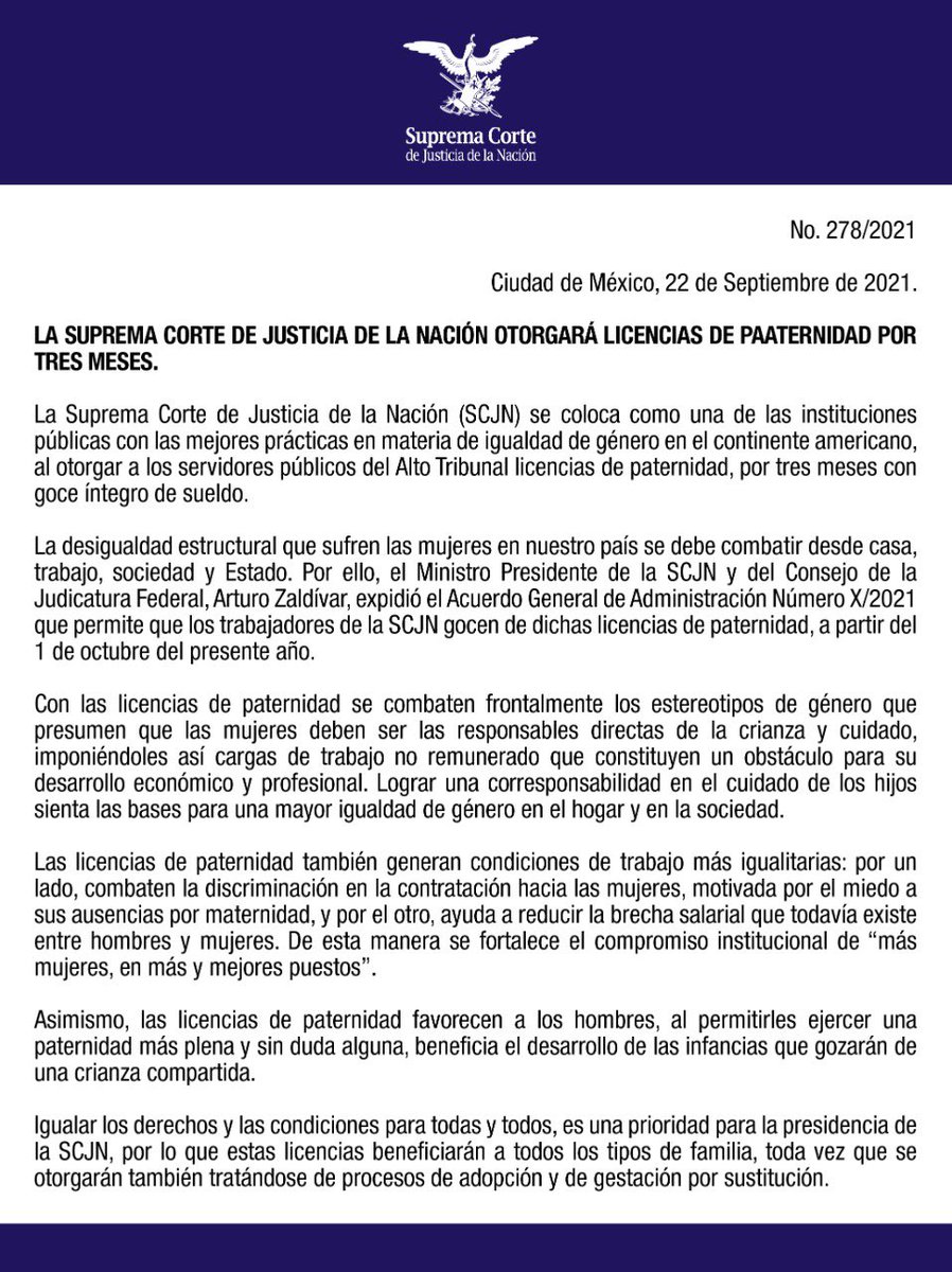 La SCJN otorgará licencias de paternidad por tres meses, con esta acción se coloca como una de las instituciones públicas con las mejores prácticas en materia de igualdad de género en el continente americano