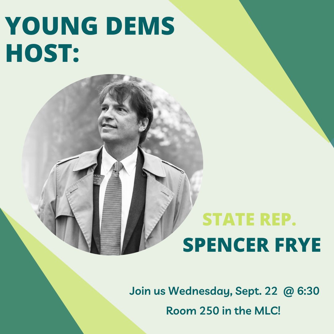 YoungDemsUGA's tweet photo. At tonight’s meeting we will be joined by State Representative @spencerfrye for a discussion and Q&amp;A! Rep. Frye represents House District 118 which covers most of UGA’s campus. We hope to see you at 6:30pm in the MLC Room 250! https://t.co/P4Cm7Ow30f