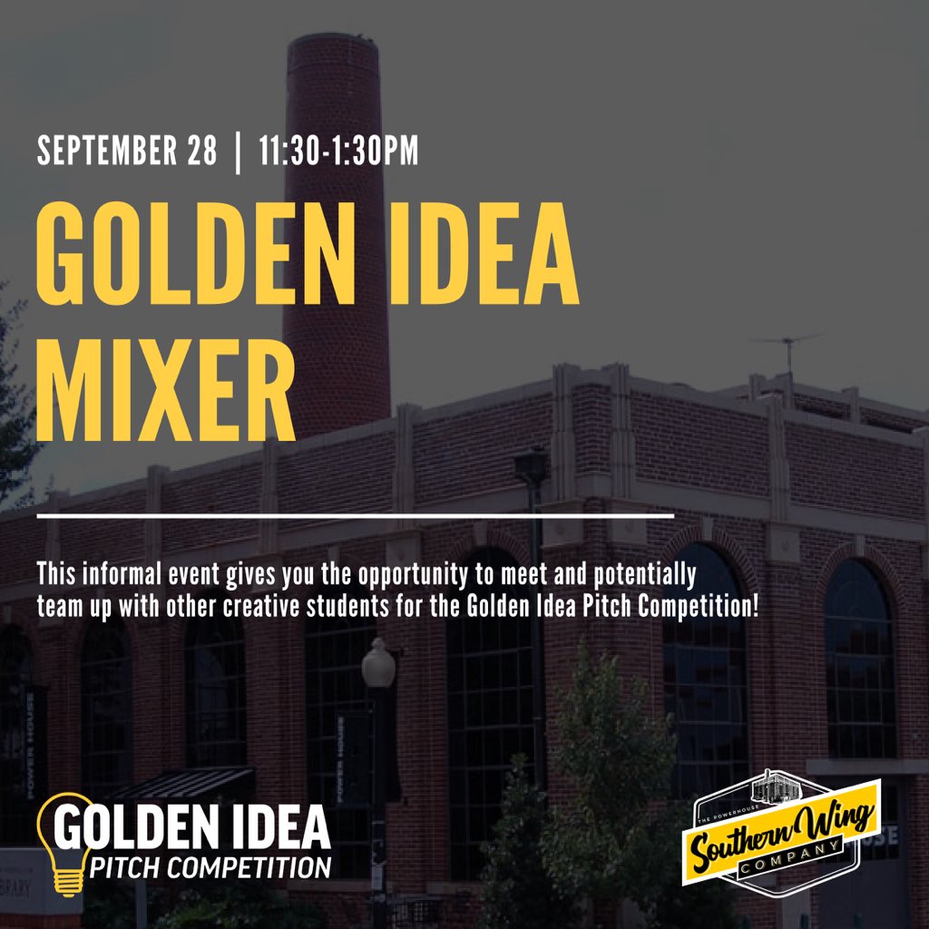 Interested in participating in the Golden Idea Pitch Competition? Stop by the Powerhouse for the Golden Idea Mixer on September 28th from 11:30-1:30pm! Snacks, drinks, and desserts will be provided!
#smttt #southernmissbiz #CBED #goldenidea