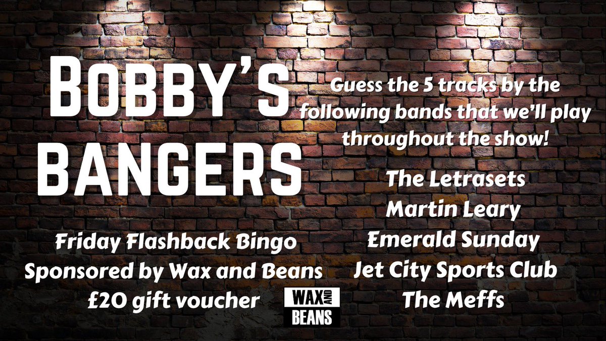 Dan Potter (@danpotter31) on Twitter photo For this months #FNL we are combining <a href="/waxandbeans/">Waxandbeans</a> BINGO w <a href="/robertcarlyle_/">Robert Carlyle</a> BOBBYS BANGERS
Guess what tunes Bobby C has picked by the 5 below bands and you can win a £20 W&B voucher!
Some CLUES below….
Enter by RT and replying to this tweet! <a href="/shiner_sam/">shiner_sam</a> <a href="/InYourEarsMusic/">📡 In Your Ears Music 📡</a> For this months #FNL we are combining <a href="/waxandbeans/">Waxandbeans</a> BINGO w <a href="/robertcarlyle_/">Robert Carlyle</a> BOBBYS BANGERS
Guess what tunes Bobby C has picked by the 5 below bands and you can win a £20 W&B voucher!
Some CLUES below….
Enter by RT and replying to this tweet! <a href="/shiner_sam/">shiner_sam</a> <a href="/InYourEarsMusic/">📡 In Your Ears Music 📡</a>