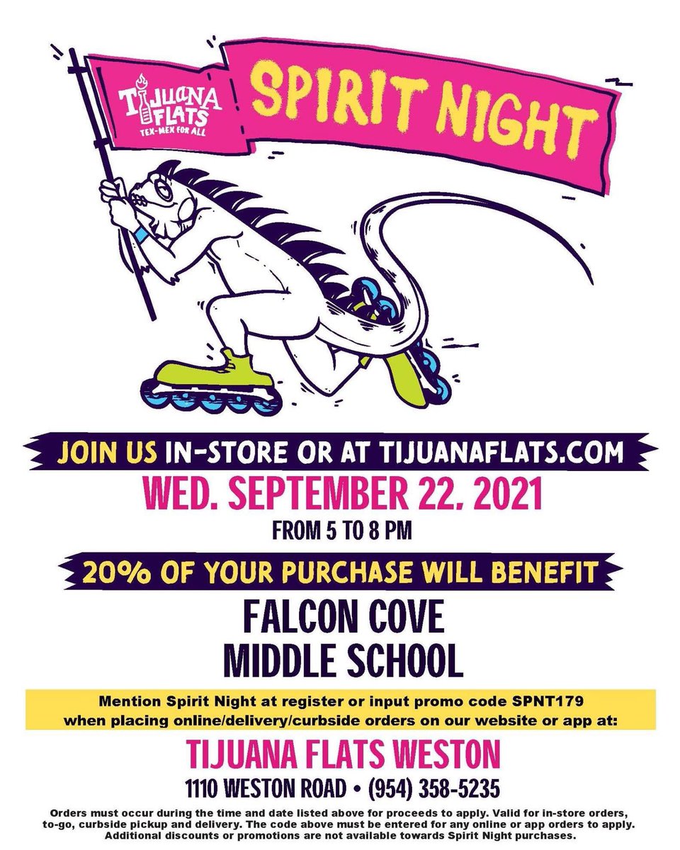 🚨🌮What are you having for dinner TONIGHT?🌯🚨
 We will make it easy for you.  
Come support FalconCovePTA.net Spirit Night.
TODAY, SEPTEMBER 22ND FROM 5PM - 8PM
In person / Over the phone please mention:  SPIRIT NIGHT
Online Orders please use CODE: SPNT179