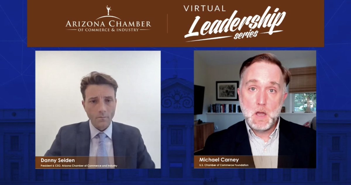 AZChamber's tweet photo. “Covid has opened a new chapter for us. Employers are working overtime trying to figure out the best way for them to be responsible,” said Michael Carney, Sr. Vice President of emerging issues at the US Chamber of Commerce Foundation. 

#LeadershipSeries
#USCCF https://t.co/jCl327y4br