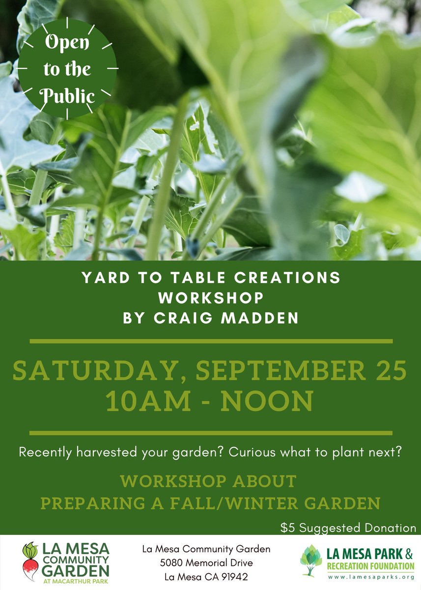 Ready to plant your fall/winter garden, but not quite sure what to plant? Join us, Saturday, September 25th at 10am at the La Mesa Community Garden for a great workshop by Craig Madden of @yard2table_creations

#lamesaparks #lamesaca #communitygarden