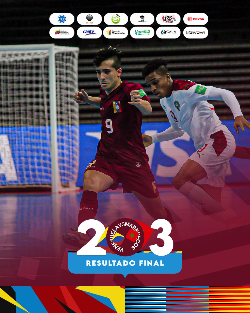 FutsalFVF's tweet photo. ⚽️ FINAL del partido

Venezuela 2-3 Marruecos

👟 Jesús Viamonte 13’ (1T)
👟 Milton Francia 7’ (2T)
👟 Soufiane El Mesrar 18’ 11 (1T) 9’ (2T)

#SomosVinotinto #VINOTINTOxTLT #FutsalWC https://t.co/vBwuQ5vlGc