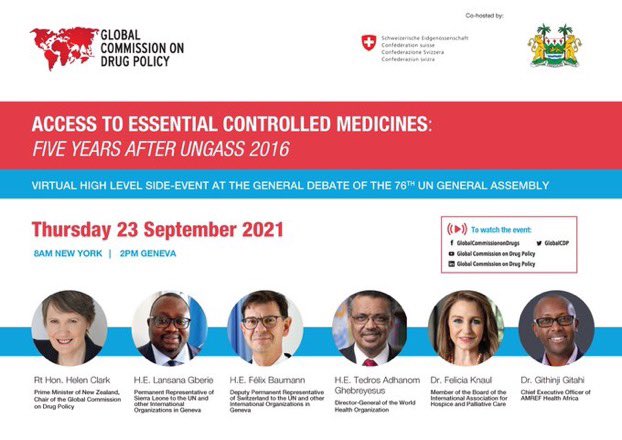 📣 Tomorrow at 8am ET 📣 
Access to Essential Controlled Medicines: 5 years after #UNGA 76

Honored 2 participate in the panel with @HelenClarkNZ @lagberie 
@daktari1 @DrTedros and Félix Baumann to discuss bridging gaps in health care and coverage around the world 🌍