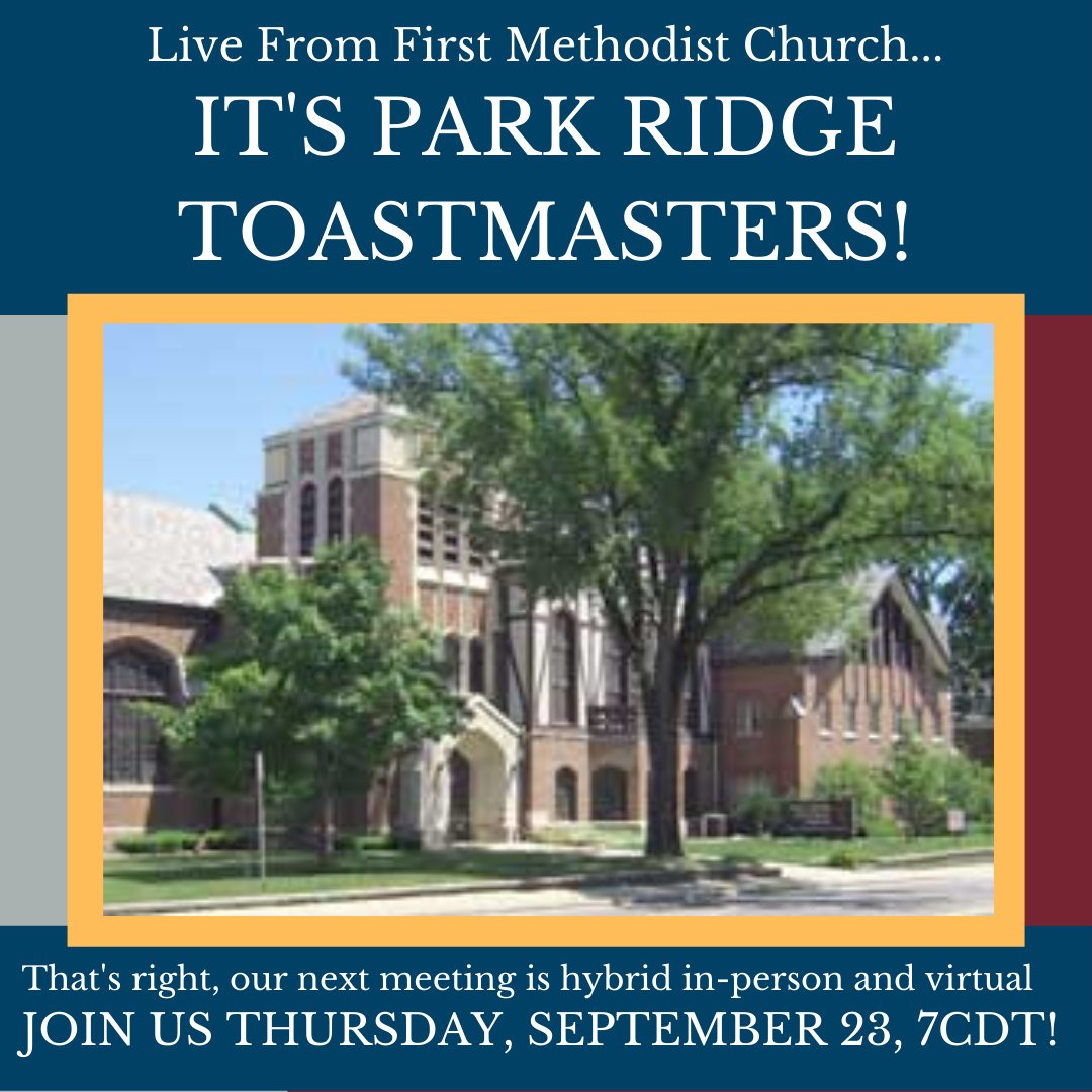 parkridgetoasts's tweet photo. After a year and a half, Park Ridge Toastmasters is going live and in person this Thursday, September 23rd!  All participants should wear masks except speakers when presenting.
https://t.co/Xzwlqte2J6 https://t.co/GEmUW6n1tw