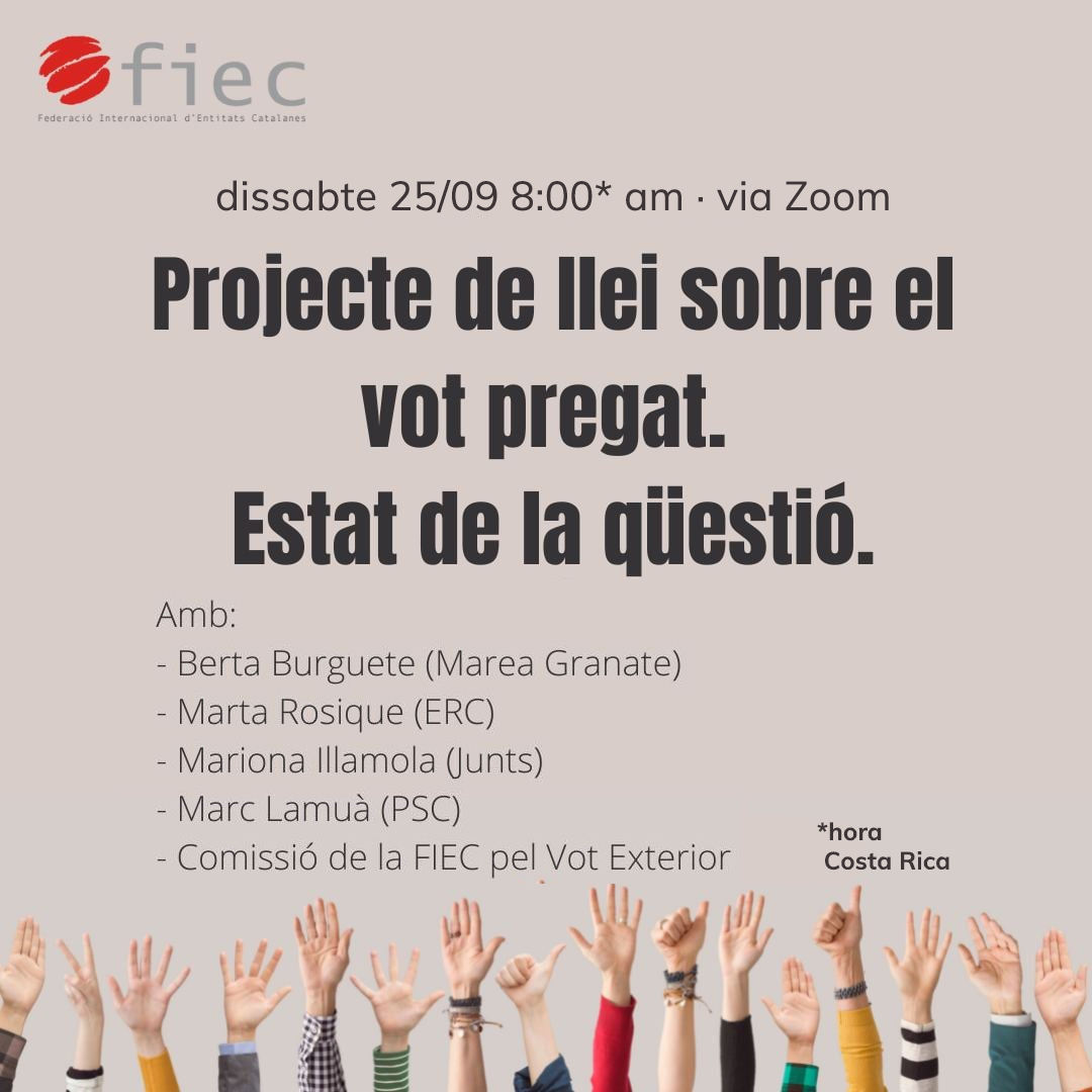 Sessió informativa via zoom, organitzada per la FIEC.
Com està la proposició de la derogació del vot pregat en el congrés? Posicions dels grups parlamentaris. Van de debò aquesta vegada?
Us convidem a conectar-vos a:
us02web.zoom.us/j/85236519397?…

#VotoRogadoVotoRobado  #votorogado