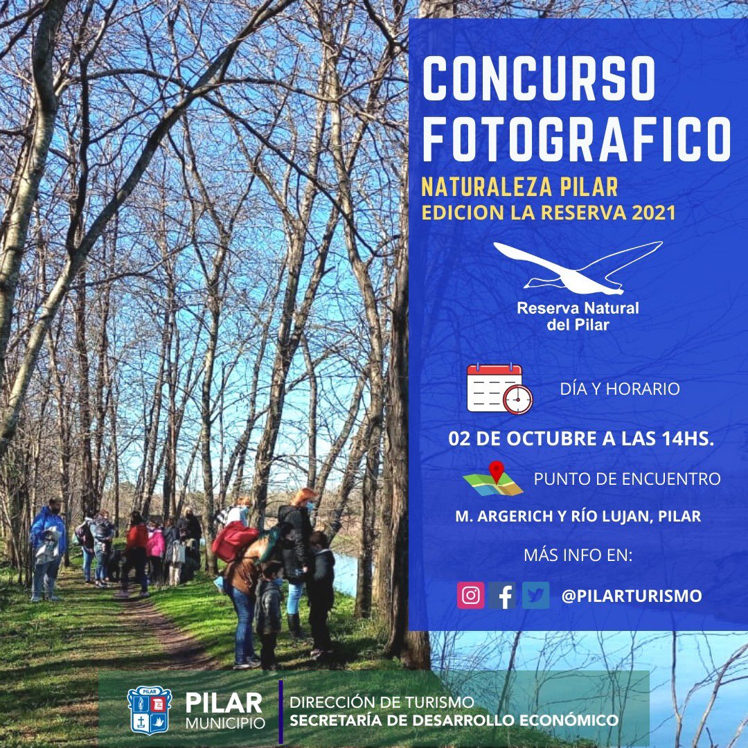 ClauJuanes's tweet photo. ¡Se viene el concurso fotográfico Naturaleza Pilar- Edición La Reserva! 
�� Pilar Turismo te invita a participar del primer concurso fotográfico del año, en la Reserva Natural del Pilar
📆SÁBADO 02/10 a las 14hs
📝 Inscripciones: envianos un mensaje al 011 7007 0808 https://t.co/zmSGS8YDN9