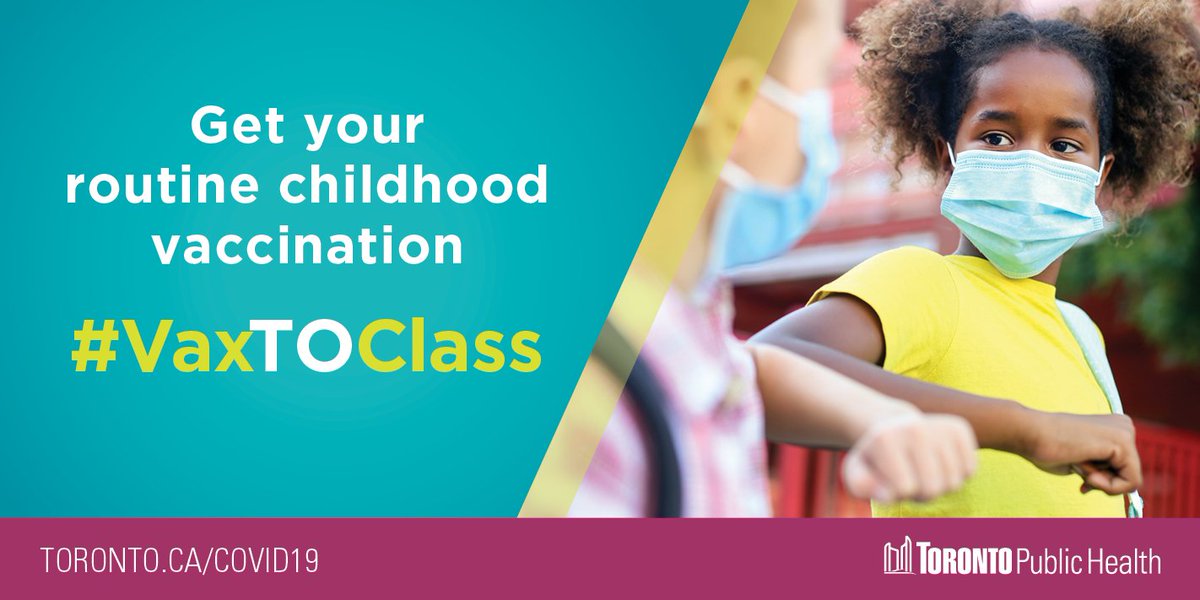 TOPublicHealth's tweet photo. Have a child in grades 7 & older who didn't receive their routine vaccines? You can now book an appointment to receive them at city-run clinics. Learn more: https://t.co/g7F5HJEnnC #VaxTOClass https://t.co/tVFIZLQE9d