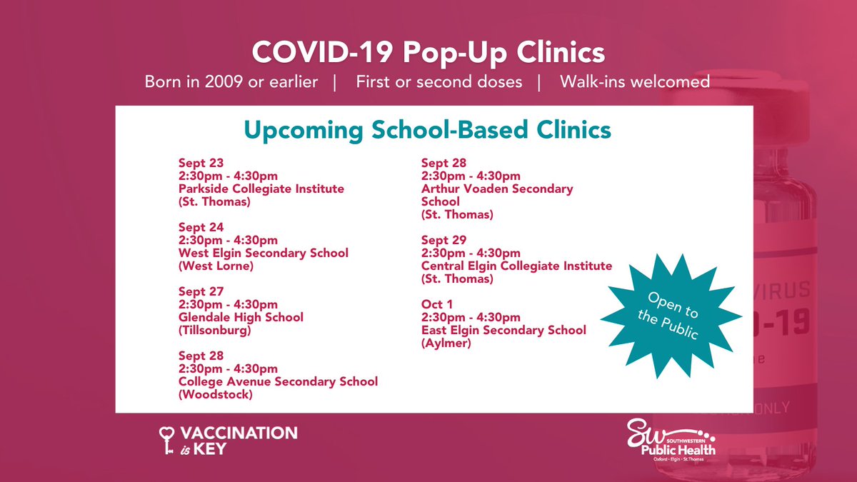SW_PublicHealth's tweet image. We've added more school-based pop-up #COVID19Vaccine clinics . These are open to the public, for anyone born in 2009 or earlier. First or second doses at all clinics. 

Visit swpublichealth.ca/covid19vaccine for a full list of clinics in Elgin-Oxford-St. Thomas. 

#VaccinationIsKey