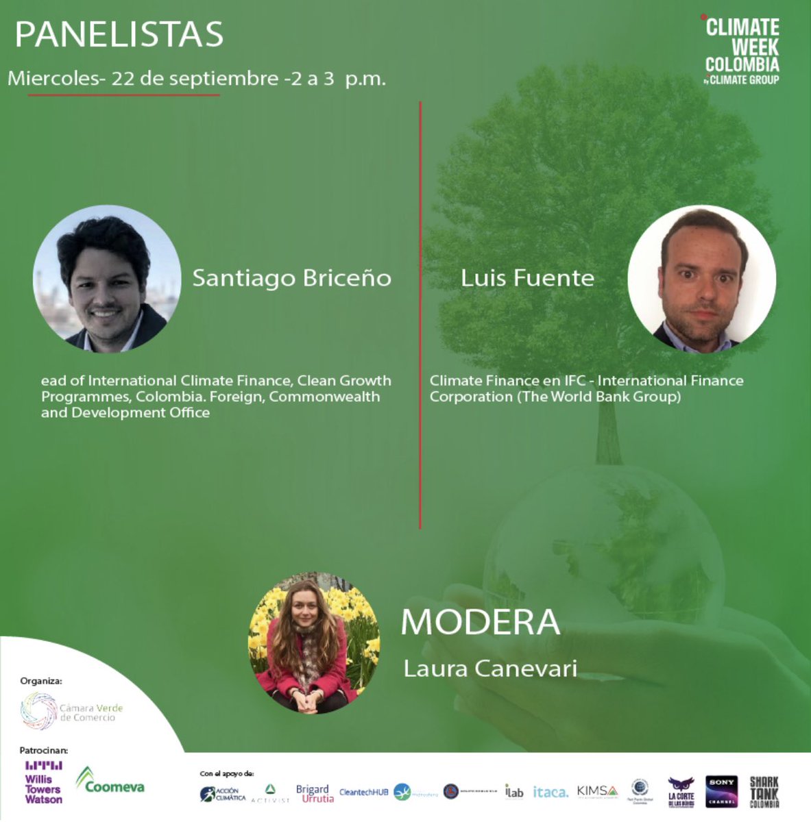 CamaraVerdeOrg's tweet photo. No te puedes perder este panel de finanzas climáticas moderado por @LauraCanevari con la participación de @santiagobriceno y Luis Fuente a partir de las 2 pm (Col) en #climateweekcolombia2021 - Inscríbete en https://t.co/rmj5ijdP1k https://t.co/FAXJSqXO0X