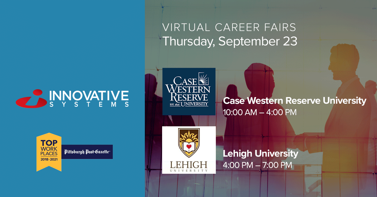Innovative_Sys's tweet photo. Find us at the Case Western and Lehigh University Virtual Career Fairs! If you want to work for one of Pittsburgh's top workplaces, you can learn about our open internships here: https://t.co/xfZTih84QN #careerfair #intern2022 #lehighuniversity #casewestern #softwareengineering https://t.co/aj3X2jMR2J