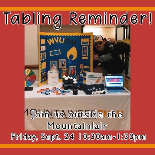 🤠 COME SEE US AT OUR TABLE 🤠

We are still tabling!! We’ve loved meeting everyone and can’t wait to be back at our table on Friday from 10:30-1:30. Come learn about MountaineerTHON and get registered for a discounted price when you use the code ‘WVUDM’ at checkout.