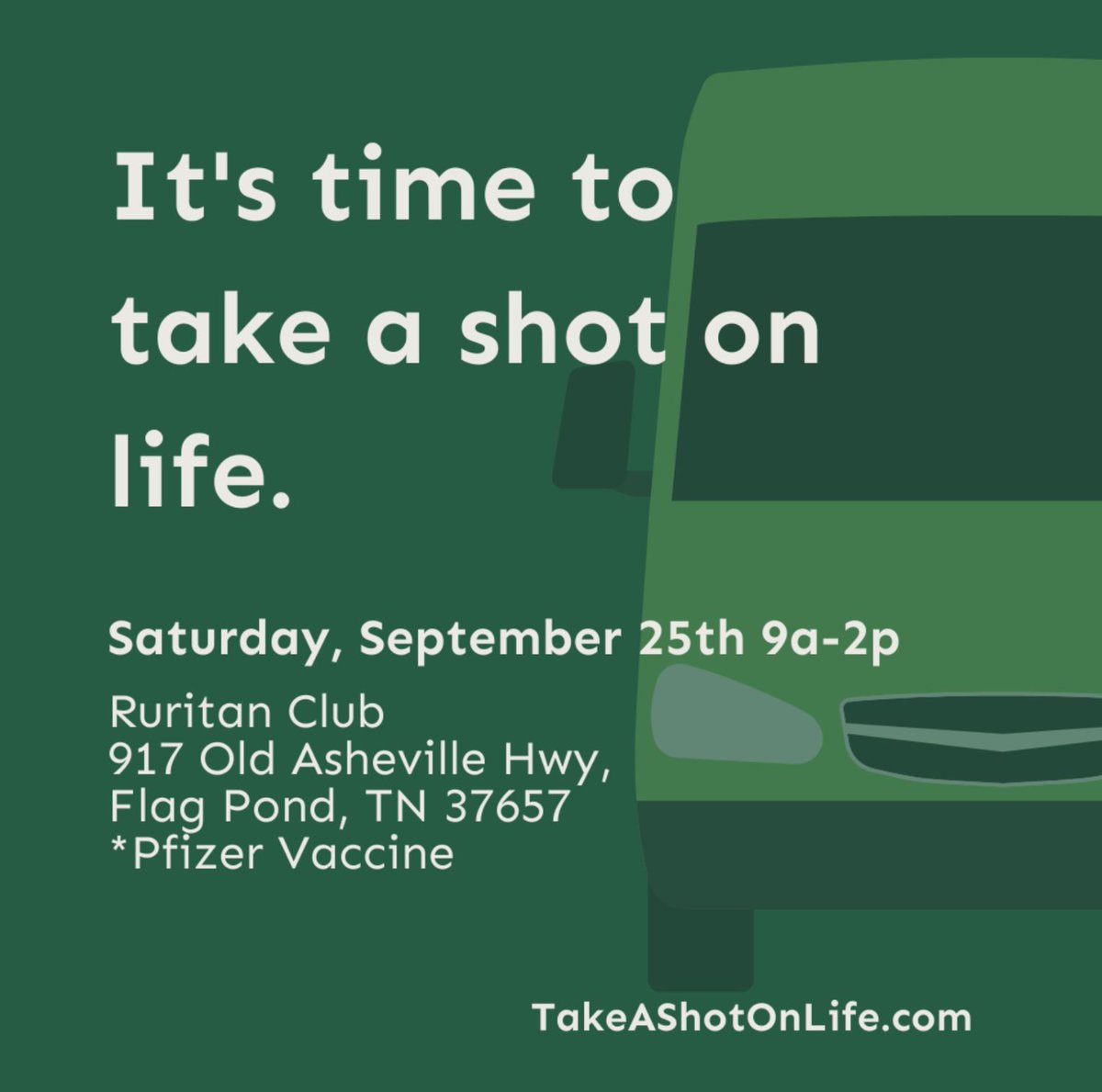 RegionAHEAD's tweet photo. It's time to #TakeAShotOnLife and get vaccinated. We'll be at the Ruritan Club in Flag Pond on Saturday! 

Visit https://t.co/78dGQ87nfI to schedule your appointment today. https://t.co/k2HrGDnKIN