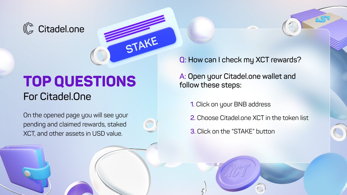 CitadelOne_'s tweet photo. 📌#TopQuestions for https://t.co/ZmYlpurobR! #defi
How can I check my $XCT rewards?
Just follow the guide👇 https://t.co/g9w9pw0MhH