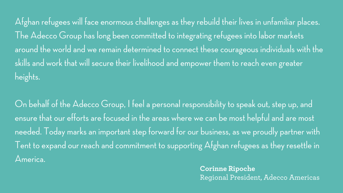 At @AdeccoGroupNA, we recognize the role we can play in helping refugees resettle in America. I’m super proud to announce that we are joining <a href="/TentOrg/">Tent Partnership for Refugees</a>'s Coalition for Afghan Refugees: tent.org/tent-news/comp…