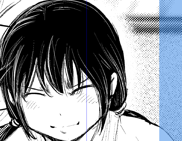 今週号の見開き、ちょっと絵の配置が思惑とずれてたみたいです。全員きっちり入る様配置してほんとはこの薄い青エリアが見切れるはずだったんですが、右側が見切れ、左側に余白がはいってしまった。単行本では直します。 