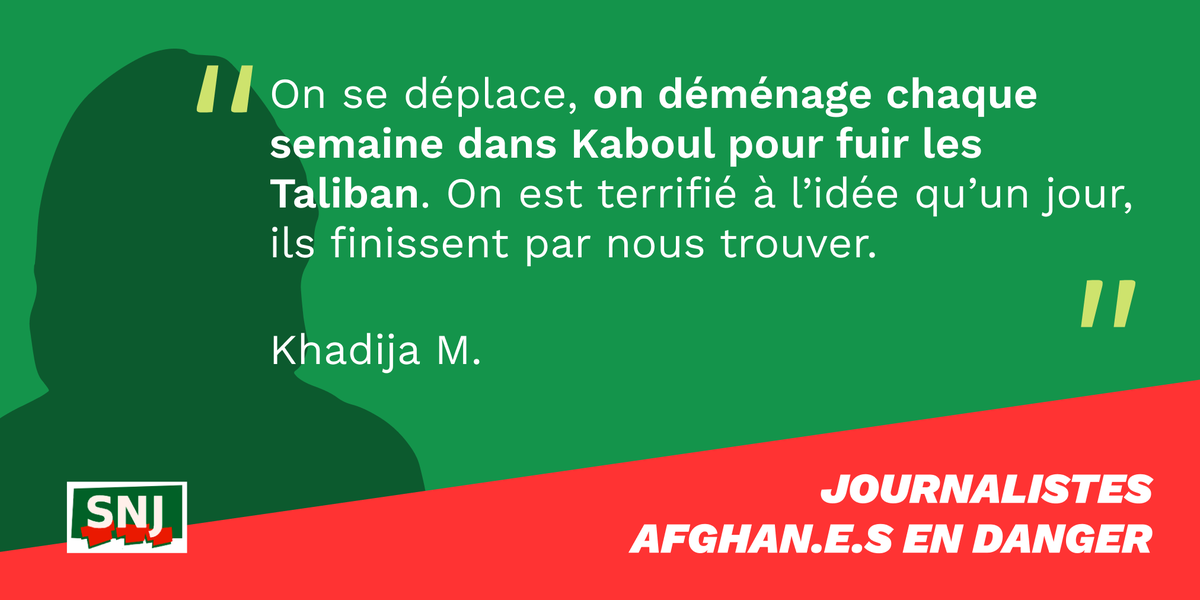 SNJ_national's tweet photo. .@SNJ_national accompagne des centaines de confrères et de consœurs journalistes afghanes en danger, comme Khadija. Nous demandons leur évacuation de toute urgence @francediplo @JY_LeDrian @EmmanuelMacron 
#AfghanJournalists 

AIDEZ-NOUS à relayer leurs témoignages ⬇️ https://t.co/cj4mPYdcrB