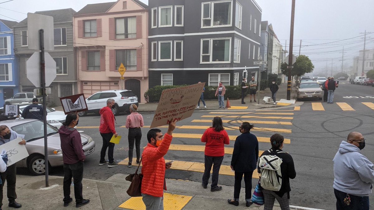 _SFMORE's tweet photo. Dozens of educators showing up to demand MORE at Washington HS in the Outer Richmond today. SFUSD, spend the money to keep our schools safe! #UESFStrong #CleanAirSafeSchools #DemandMORE #SFMOREDayOfAction #UniversalTestingNOW #DefendPublicEd #FundOurSchools #ProtectOurCommunities https://t.co/EGp4tRAML2
