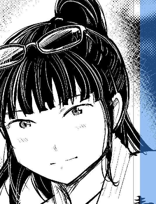 今週号の見開き、ちょっと絵の配置が思惑とずれてたみたいです。全員きっちり入る様配置してほんとはこの薄い青エリアが見切れるはずだったんですが、右側が見切れ、左側に余白がはいってしまった。単行本では直します。 