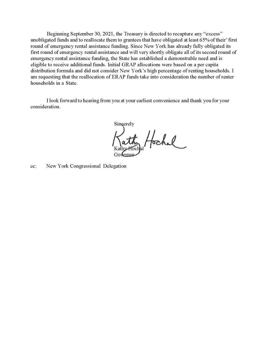 Page 2 of letter to Treasury Department Janet Yellen requesting additional funding for the Emergency Rental Assistance Program. The full letter can be read here: https://www.governor.ny.gov/sites/default/files/2021-09/ERAP_Funding_Letter.pdf