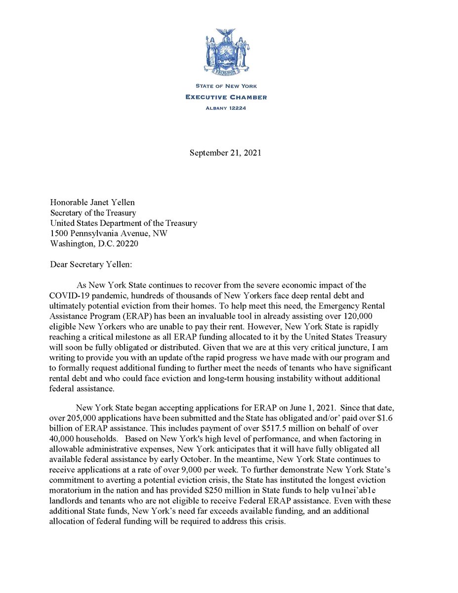 Page 1 of letter to Treasury Department Janet Yellen requesting additional funding for the Emergency Rental Assistance Program. The full letter can be read here: https://www.governor.ny.gov/sites/default/files/2021-09/ERAP_Funding_Letter.pdf.
