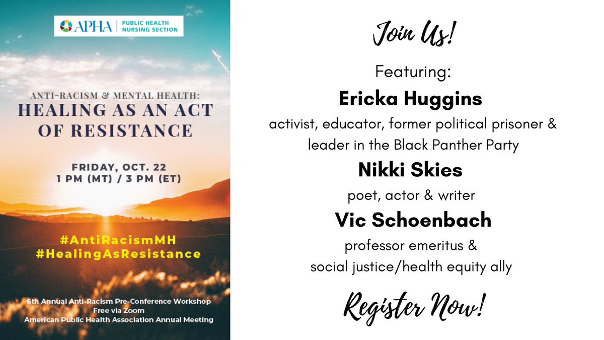 APHA Public Health Nursing (@aphaphn) on Twitter photo Join <a href="/APHAPHN/">APHA Public Health Nursing</a> for ANTI-RACISM & MENTAL HEALTH: HEALING AS AN ACT OF RESISTANCE for folx engaged in/who support anti-racism work. Featuring: #ErickaHuggins @NikkiSkies #VicSchoenbach Oct. 22nd 1pMT/3pET. FREE. Registration req'd-link in comments #AntiracismMH #HealingAsResistance Join <a href="/APHAPHN/">APHA Public Health Nursing</a> for ANTI-RACISM & MENTAL HEALTH: HEALING AS AN ACT OF RESISTANCE for folx engaged in/who support anti-racism work. Featuring: #ErickaHuggins @NikkiSkies #VicSchoenbach Oct. 22nd 1pMT/3pET. FREE. Registration req'd-link in comments #AntiracismMH #HealingAsResistance