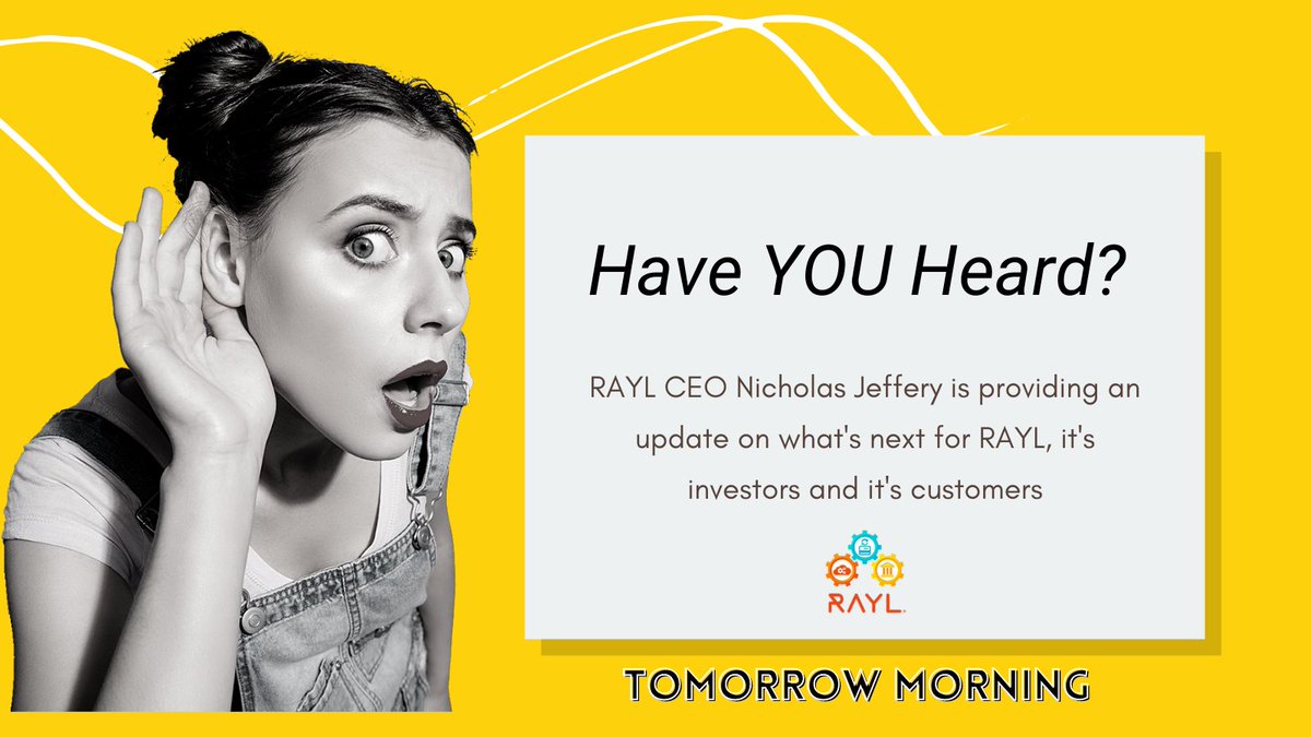 Tomorrow morning RAYL CEO Nicholas Jeffery sharing what is next for RAYL, and it's big news. You won't want to miss it. 

Date: Sept. 23, 2021
Time: 8 AM - 9:00 AM PST.
Place: Zoom

Click to get the zoom link. 
eventbrite.com/e/rayl-update-…