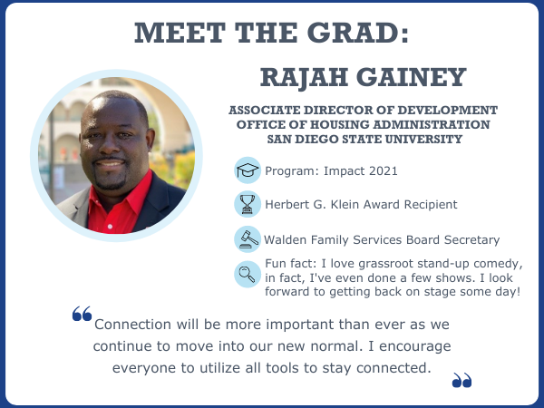 LEADSanDiego's tweet photo. Have you met Rajah Gainey? Here is your chance to #MeettheLEADGrad. Rajah, who graduated from our 2021 Impact cohort, was also named the 2021 Herbert G. Klein Memorial Award For Exemplary Leadership recipient. Get to know him! π https://t.co/gxbj96emER