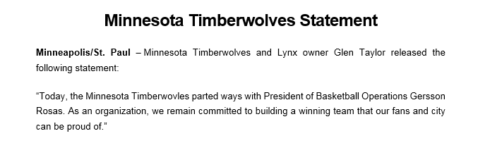 DWolfsonKSTP's tweet photo. No mention of Gersson's replacement, even if on an interim basis. But, 2nd in charge, Sachin Gupta, is highly thought of. Finished runner-up for Kings POBO job with McNair winning out. #Timberwolves https://t.co/i6jMom57sT