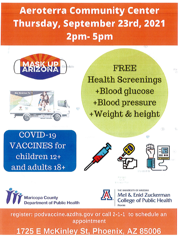 HUDPacific's tweet photo. Attention #Phoenix Area Followers:

@PHXHousing  @maricopacounty @Maricopahealth @UAZPublicHealth is hosting a COVID-19 Vaccine Clinic with Free Health Screenings at the Aeroterra Community Center on Thursday, September 23rd from 2pm - 5pm.  

#MaskUpAZ #VaxUpAZ #Vacúnese https://t.co/GkYpS0HUrL
