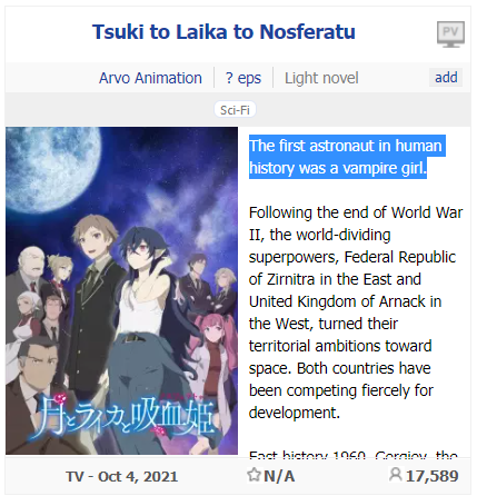 Tsuki To Laika To Nosferatu Light Novels About Astronaut Vampire Get Anime  For 2021