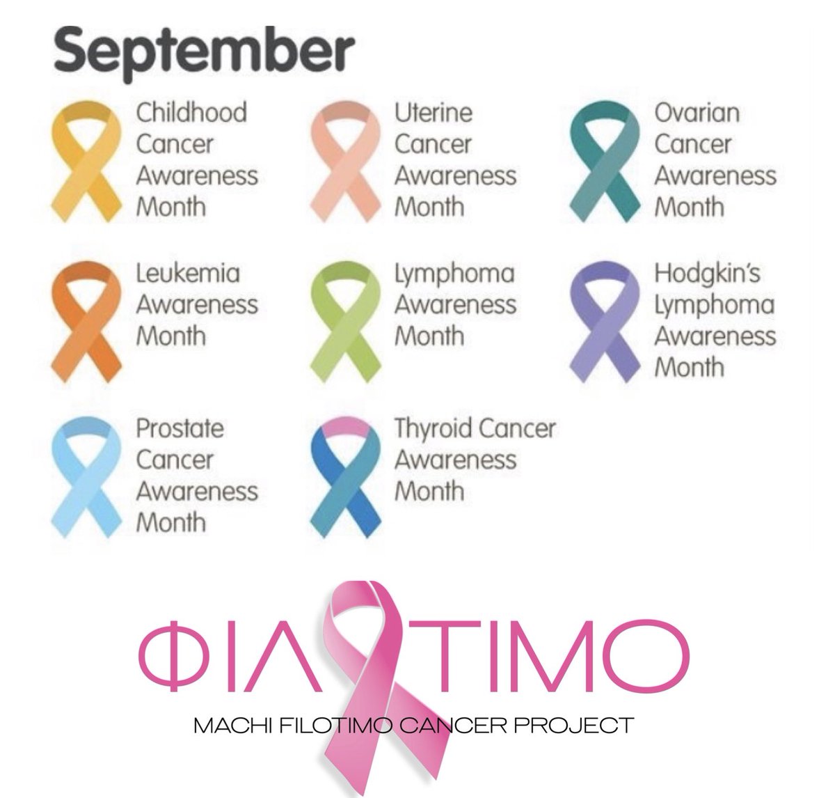 September Cancer Awareness month🎗
#childhoodcancer #uterinecancer #ovariancancer #leukemiaawareness #lymphomaawareness #hodgkinslymphoma #prostatecancer #thyriodcancer 
Our purpose is to create awareness about #Cancer and to educate on early detection🎗
Filotimo.org.za