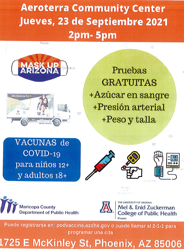 HUDPacific's tweet photo. Attention #Phoenix Area Followers:

@PHXHousing  @maricopacounty @Maricopahealth @UAZPublicHealth is hosting a COVID-19 Vaccine Clinic with Free Health Screenings at the Aeroterra Community Center on Thursday, September 23rd from 2pm - 5pm.  

#MaskUpAZ #VaxUpAZ #Vacúnese https://t.co/GkYpS0HUrL
