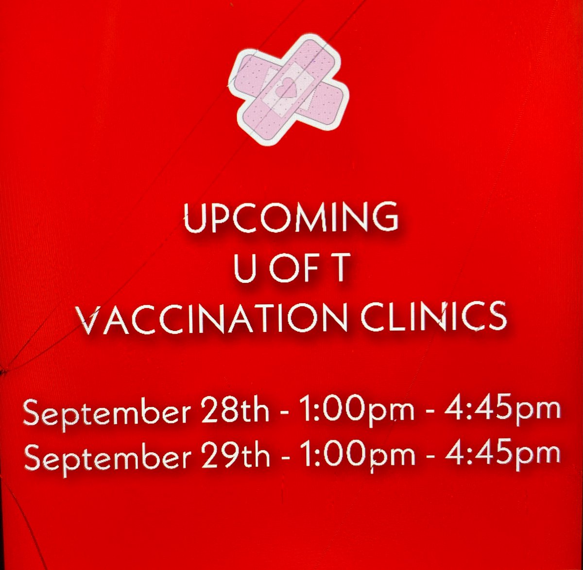 Hello Toronto! 
🗓️Book your appointment at our clinic for Sept. 28th &amp; 29th, 1:00pm - 4:45pm! 

💉Eligibility: 
-Anyone born 2009 and earlier
-1st + 2nd doses
-International students requiring an mRNA BOOSTER
-Those eligible for 3rd dose

📍255 McCaul St.

🔗Link to book in bio!