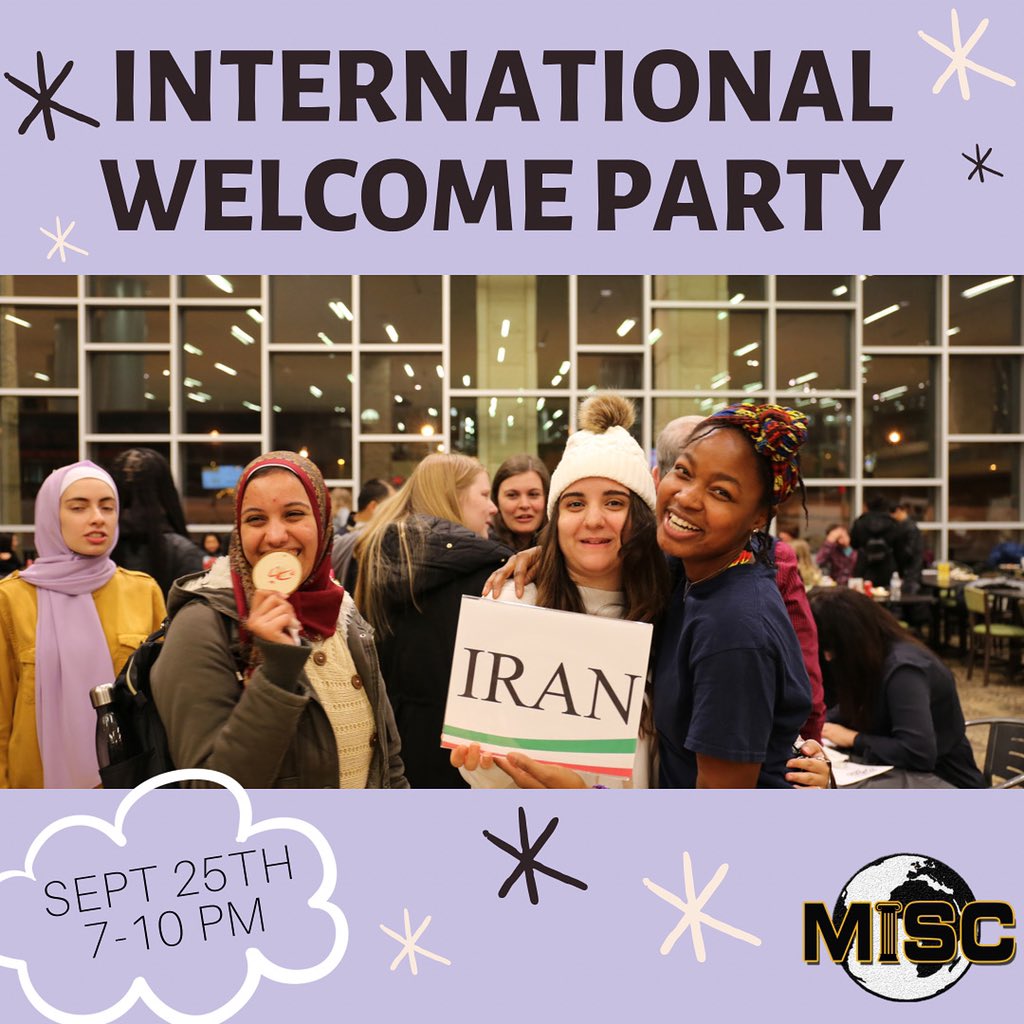 MizzouMISC's tweet photo. Interested in learning about the nationalities and cultures represented on our campus through food and activities? Join us at the International Welcome Party this Saturday from 7 to 10pm in the Student Center! The event is open to the public and free of charge. See you there! https://t.co/0PxHFHYHCN