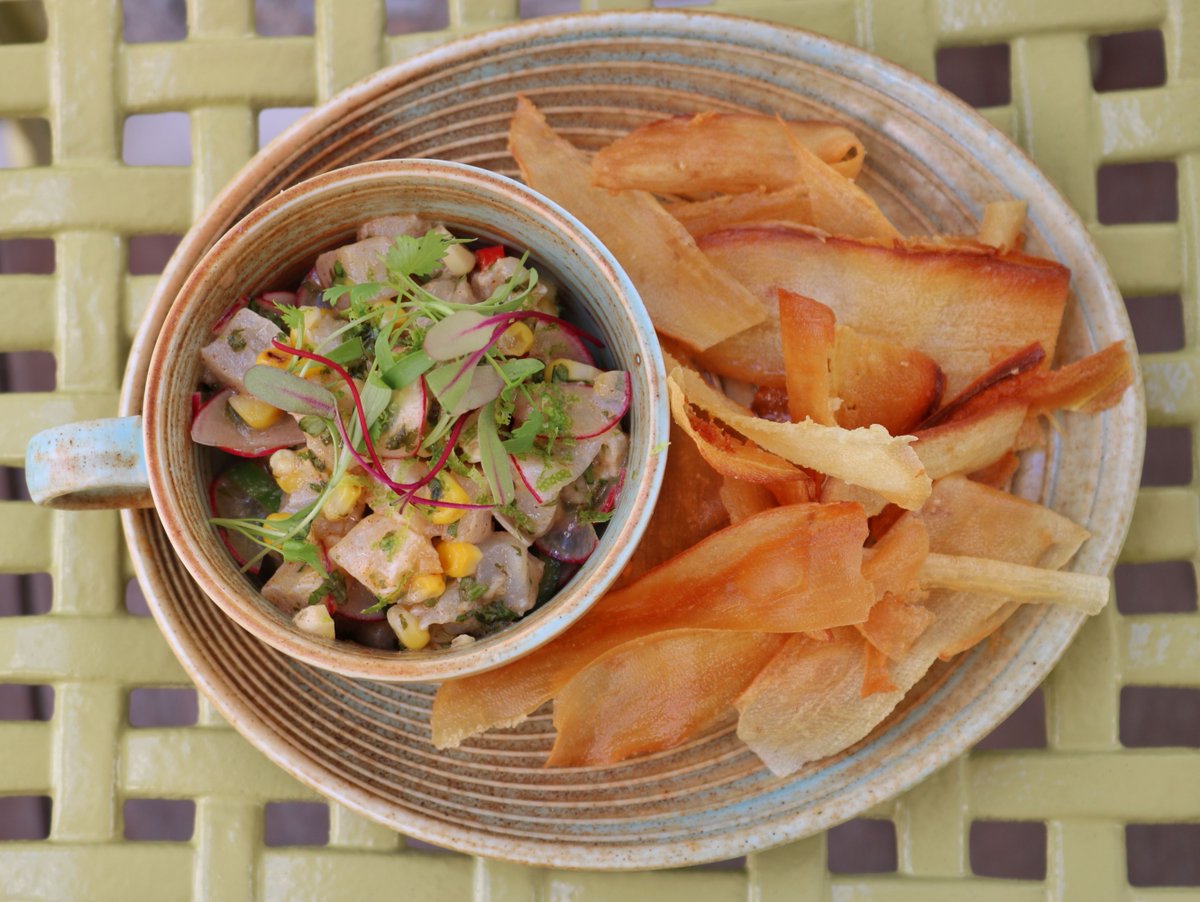 New Menu Addition ✨  Our fresh new Ceviche will make your day! Mahi mahi, lime, chili mango, grilled corn, radish, and our favorite YUCA CHIPS!