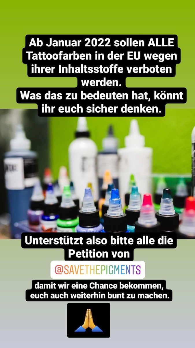 Bitte unterstützt uns!

Wir brauchen jede Stimme, sonst dürfen  in der EU keine Farben mehr verkauft und verwendet werden. Heißt: Wir Tätowierer dürfen nicht mehr arbeiten.

Soll die Zukunft wirklich so nackt und farblos aussehen?

🙏
#safethepigments
safethepigments.com