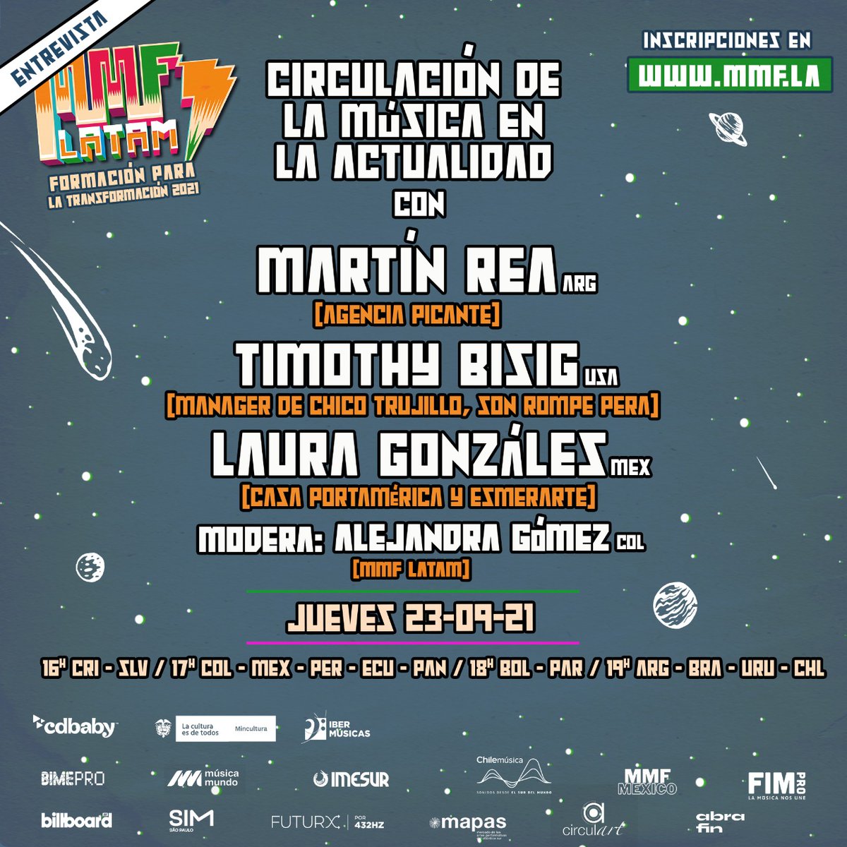Mañana entrevista sobre la circulación musical en Latam en la actualidad con <a href="/martin_rea/">Martin Rea</a>, Laura González de <a href="/esmerarte/">Esmerarte Industrias Creativas</a> México, Timo Bisig manager de <a href="/sonrompepera/">Sonrompepera</a> y  nuestra presi <a href="/andragomez/">Alejandra Gómez</a>. Acceso gratuito, inscripciones aquí: docs.google.com/forms/d/e/1FAI…