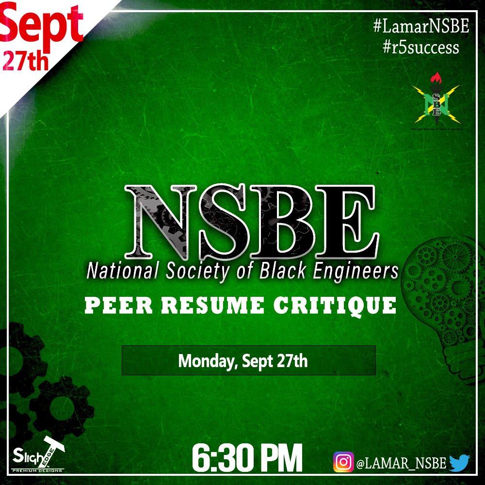 Lamar_NSBE's tweet photo. On Monday we have our Resume Critiques going on for those that need help on making their resume better. Also for those that may not have one! Stop by Neches 120, in Setzer Student Center. Come get the help you need to build one!🔥#r5nsbe
#r5success 
@r5nsbe 
#r5impact 
#5deep https://t.co/Cfepd3fNGw
