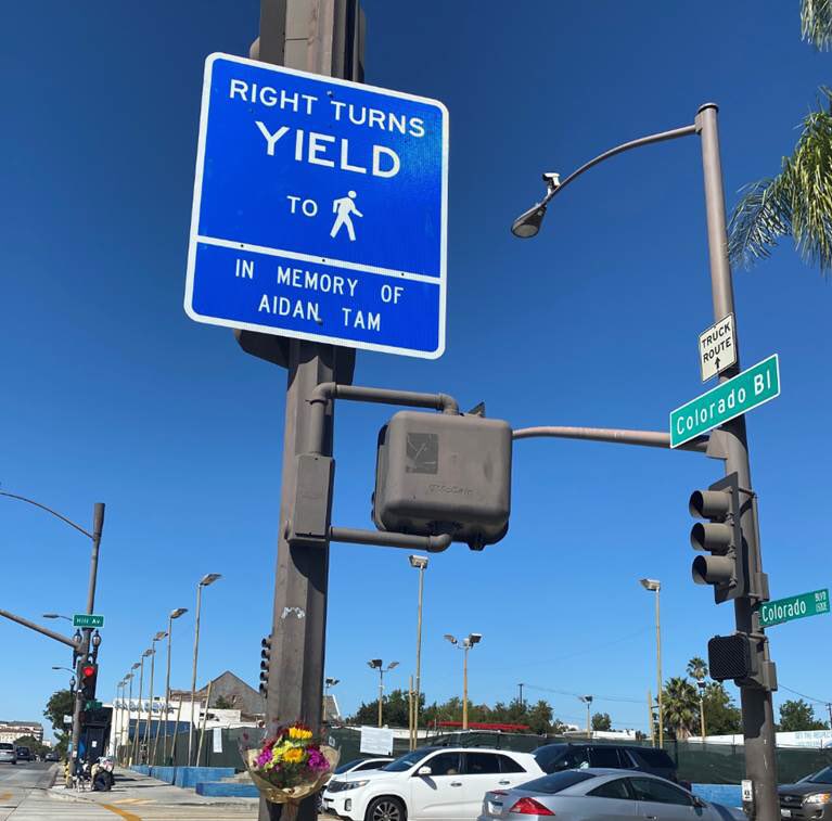 Aidan Tam was 7 when he was killed in this crosswalk by a driver turning right. With his family in attendance, PasDOT installed this sign in memory of Aidan to promote pedestrian safety. #Stop4Aidan
