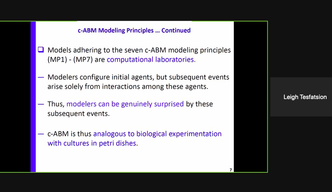 sil_via_leo's tweet image. Today I had the chance to listen live to Prof Leigh Tesfatsion for the first time. Insightful talk that linked research on ABM in the US and in the EU/UK. This was possible thanks to the virtual format of #SSC2021. Reflection on the future of virtual/hybrid conferences is needed