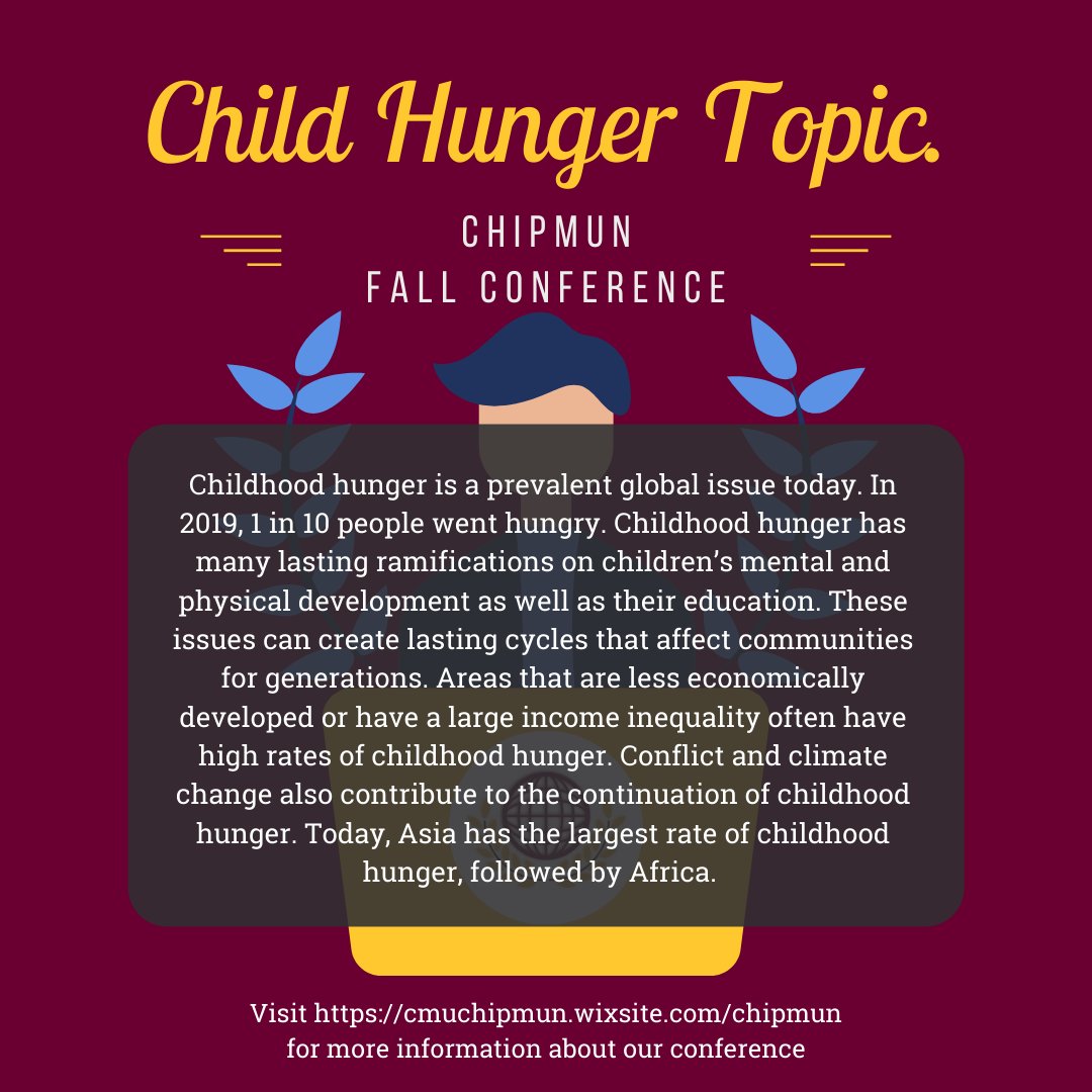 CHIPmun_cmu's tweet image. For ChipMUN's Fall Conference, we will be exploring several topics. One topic will be child hunger. Please consider the following graphic and follow the link below to register:
forms.gle/ufAyRo8WdVycDQ…