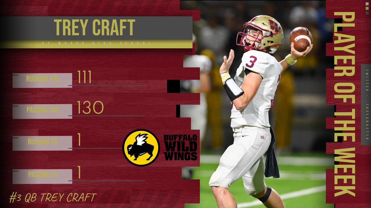 .@BWW Player of the Week - Cy Woods Wildcats
Congrats to '22 QB/ATH <a href="/_TreyCraft10/">Fielding Craft III</a> on being named the player of the week after his offensive performance last week. Trey made plays with his legs and spread the ball around in the passing game. Good luck Trey!
Go Wildcats!