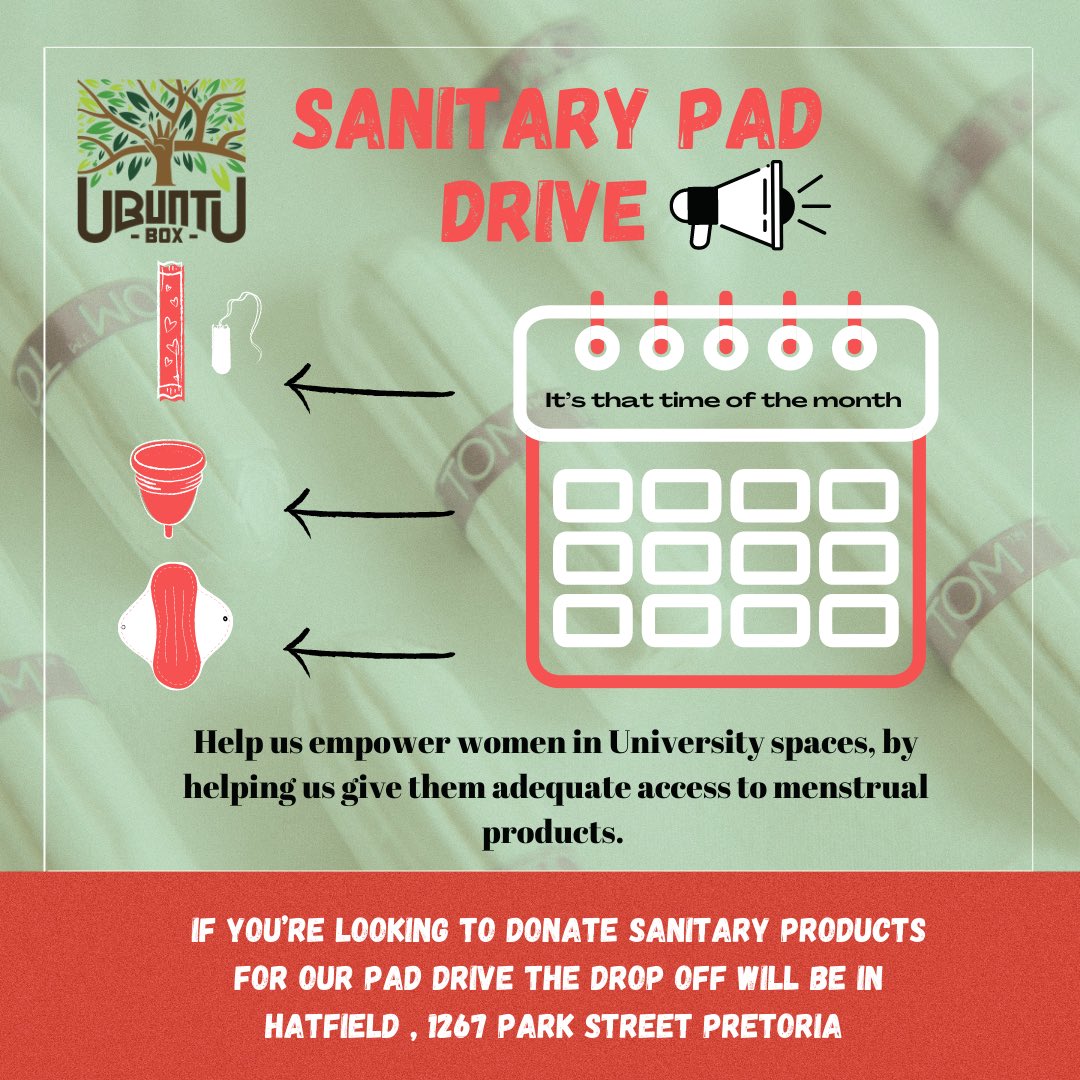 1 Pad, 1 Tampon at a time. 

Ubuntu Box  is running a Pad Drive this September.

If you’re looking to donate sanitary products for our Pad Drive the drop off will be in Hatfield, 1267 Park Street, Pretoria.

OR

You can lend a hand by donating to our GoFundMe page (LINK IN BIO)