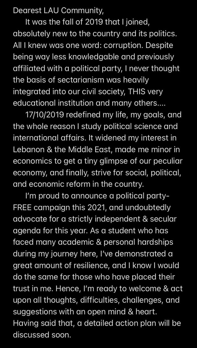 I, Yara Darwich, am very excited to share news of my candidacy in LAU’s student council representing the school of Arts &amp; Sciences (above 60 credits).

Change starts from within, so be it!

#Secular2021
#Voteprogressive
#VoteVisionary