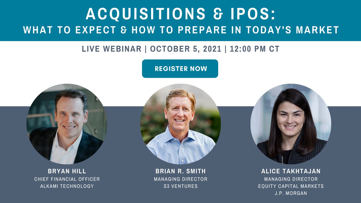 S3ventures's tweet photo. There's still time to register! Join us for an exciting discussion w/ @alkamitech's Bryan Hill, @S3ventures' Brian Smith & @jpmorgan's Alice Takhtajan, about what to expect & how to prepare for an #acquisition and #IPO. Register today! https://t.co/VIS9x17LMJ
#TexasVC #AustinVC https://t.co/rYpacufKod