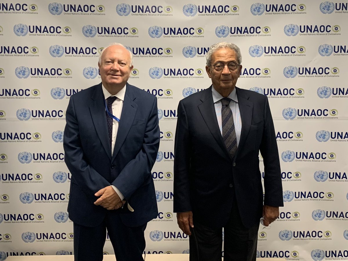 UNAOC's tweet photo. Today, on the margins of #UNGA, the High Representative for #UNAOC, Mr. @MiguelMoratinos, met with Mr. @amremoussa to discuss the work of #UNAOC in promoting intercultural and interreligious dialogue globally.
#Commit2Dialogue https://t.co/b3Y2H0QqHb