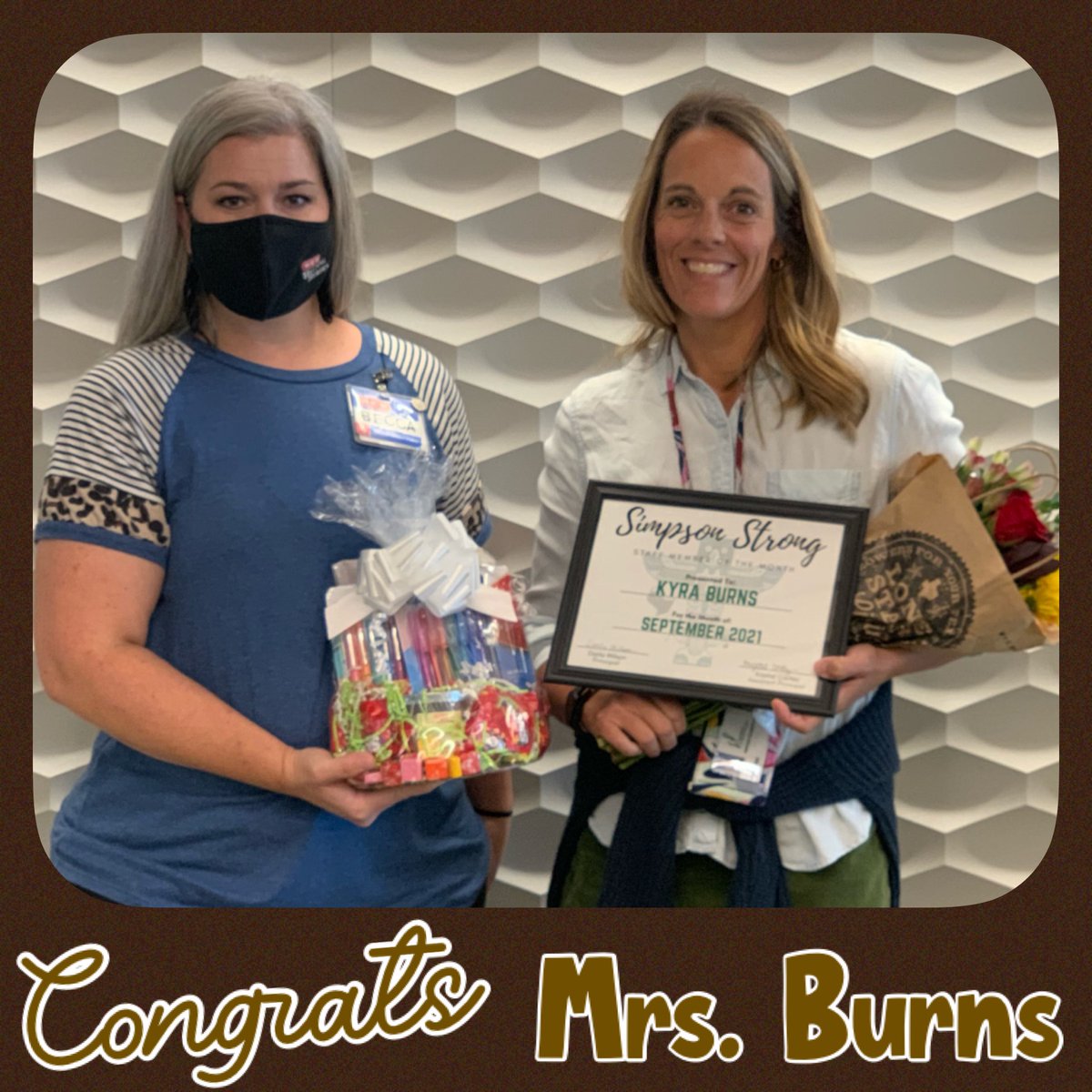 SimpsonElement1's tweet image. Congrats to our Simpson Strong Staff Member of the Month! Thank you, Mrs. Burns, for all you do! 💚 #simpsonstrong